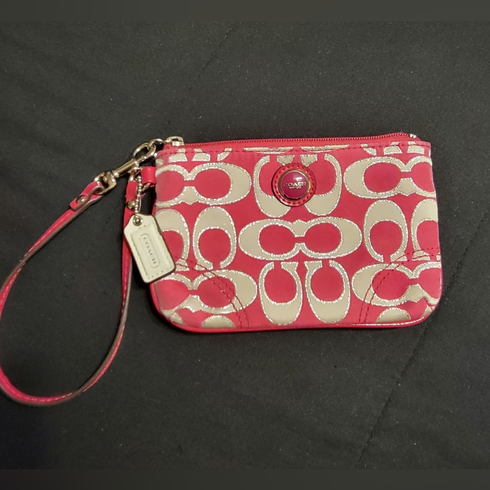 Coach Hot Pink, Off-White, Metalic Outlined Letterinh On Signature C's Wristlet